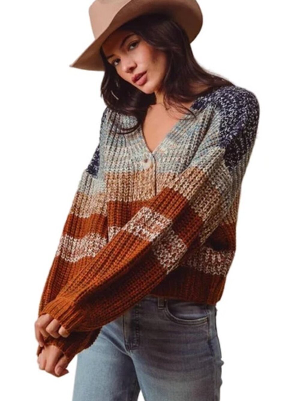 So Me Ombre Oversized Cardigan Sweater Knit Bishop Sleeve Boho Rust Navy L Cardi
